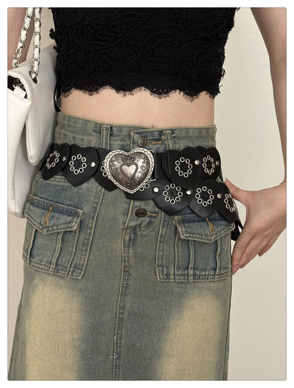 Black Western Cowboy with Metal Rivets Heart Belt [ID:0333BE]