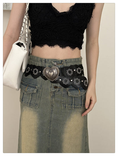 Black Western Cowboy with Metal Rivets Heart Belt [ID:0333BE]