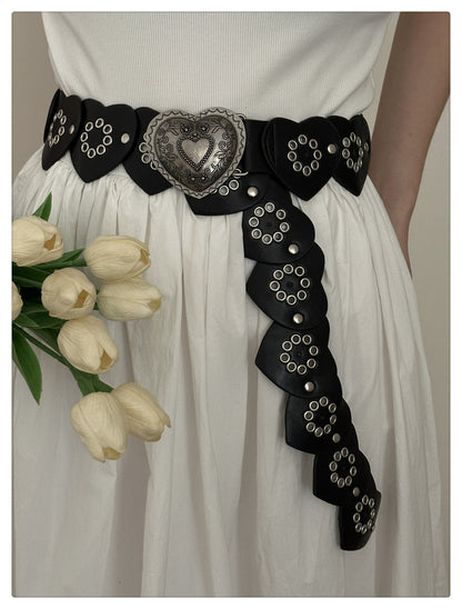 Black Western Cowboy with Metal Rivets Heart Belt [ID:0333BE]