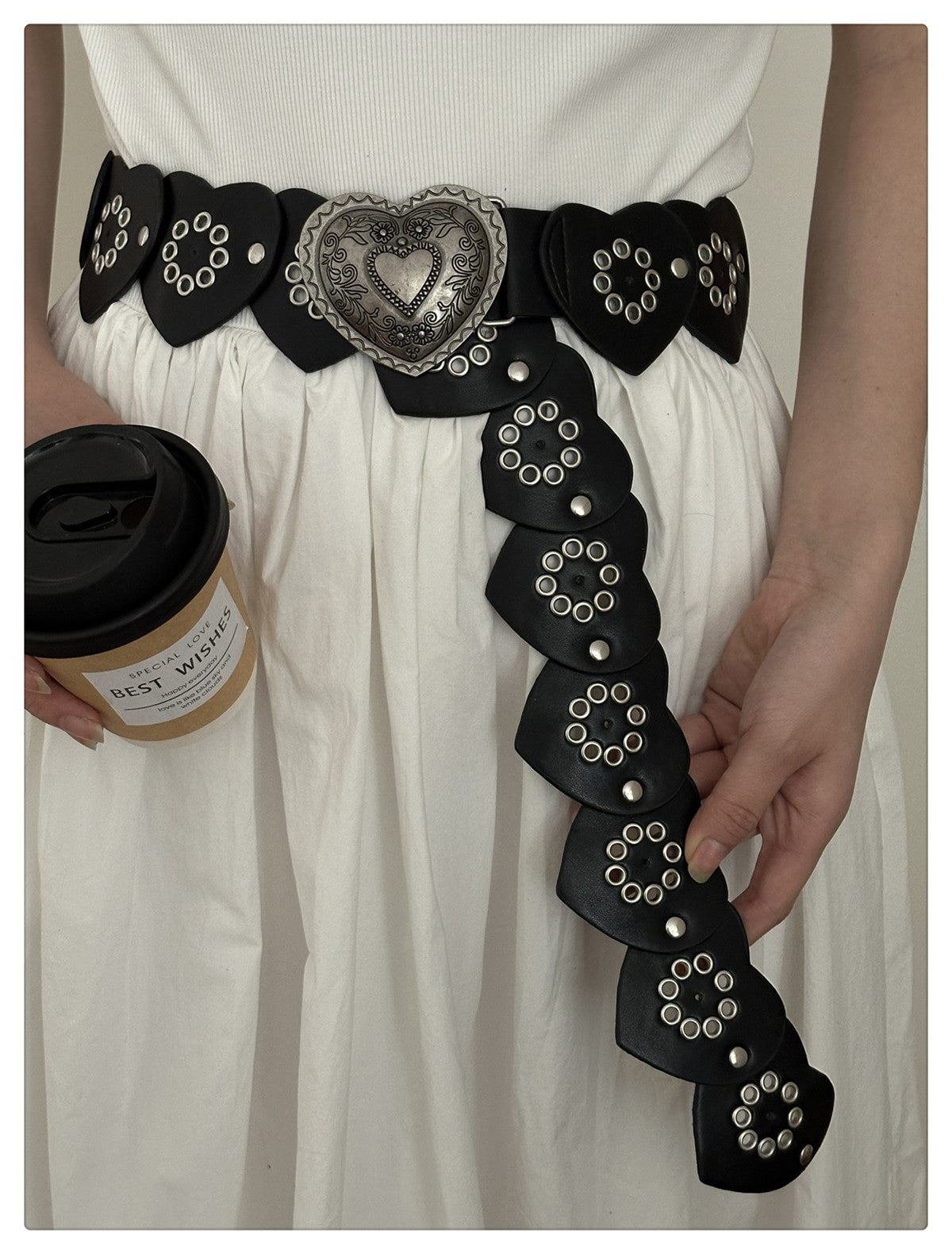 Black Western Cowboy with Metal Rivets Heart Belt [ID:0333BE]