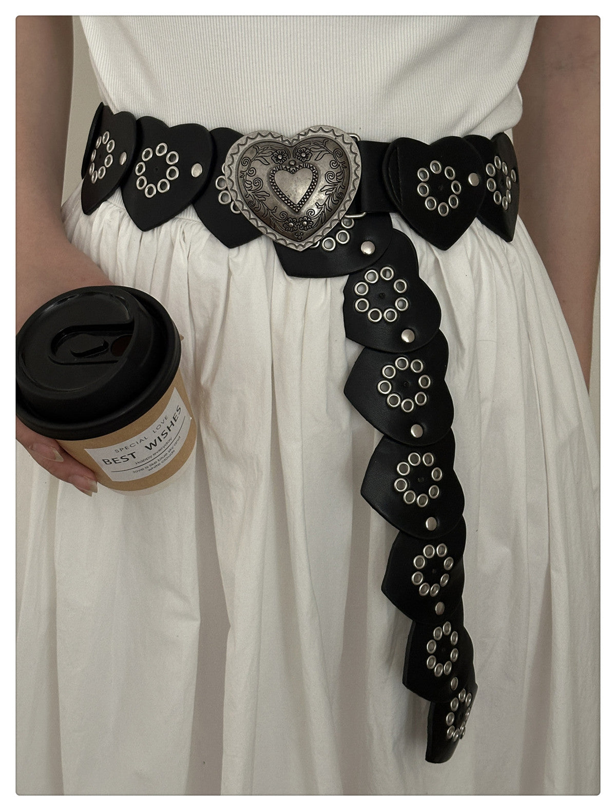 Black Western Cowboy with Metal Rivets Heart Belt [ID:0333BE]