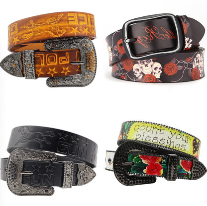 Print Carved Cowhide Rhinestones Rock Western Belt [ID:0336BE]