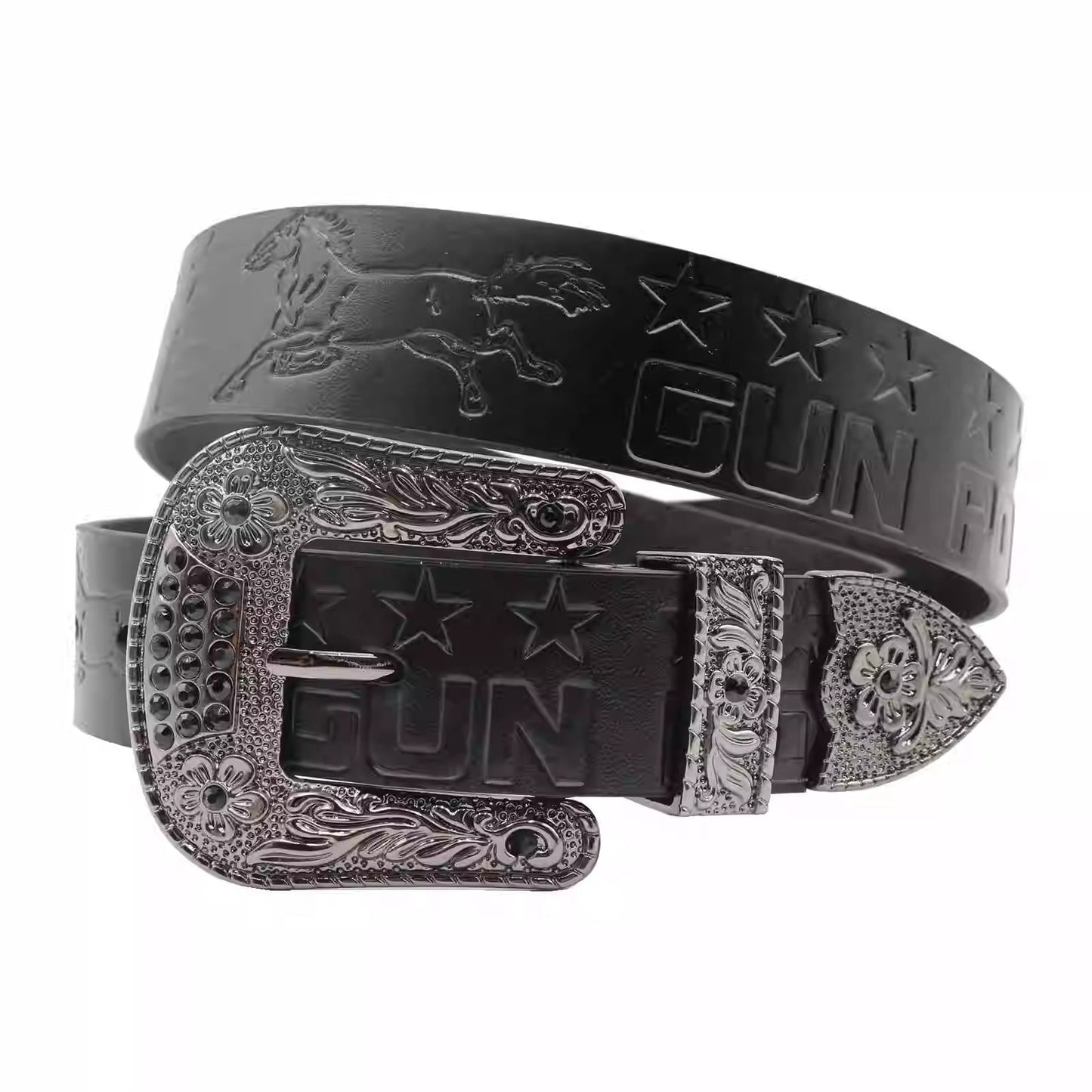 Print Carved Cowhide Rhinestones Rock Western Belt [ID:0336BE]