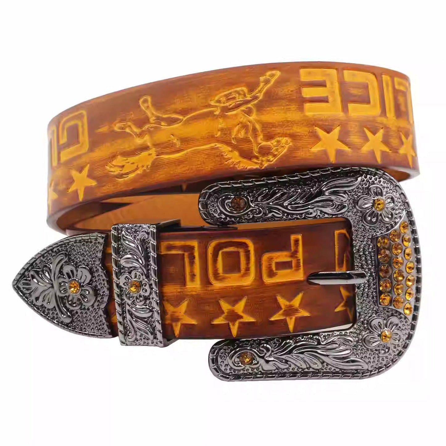 Print Carved Cowhide Rhinestones Rock Western Belt [ID:0336BE]