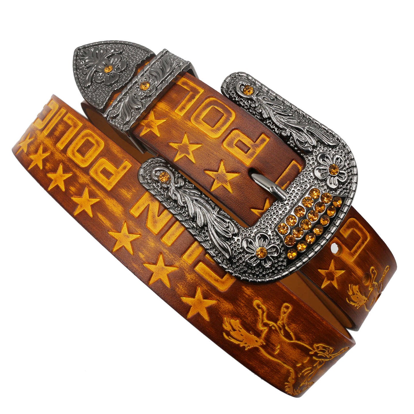 Print Carved Cowhide Rhinestones Rock Western Belt [ID:0336BE]