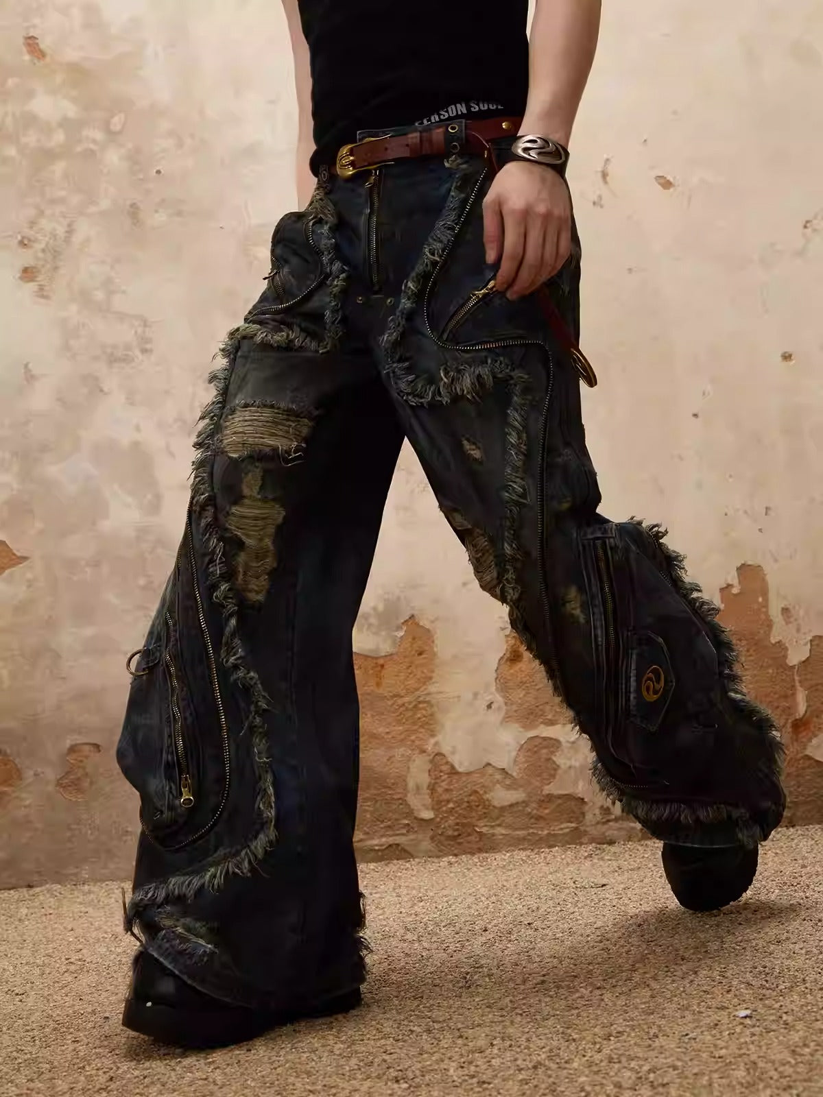 PERSONSOUL Personsoul Aliens Dirty Ripped Denim Jeans ワイド