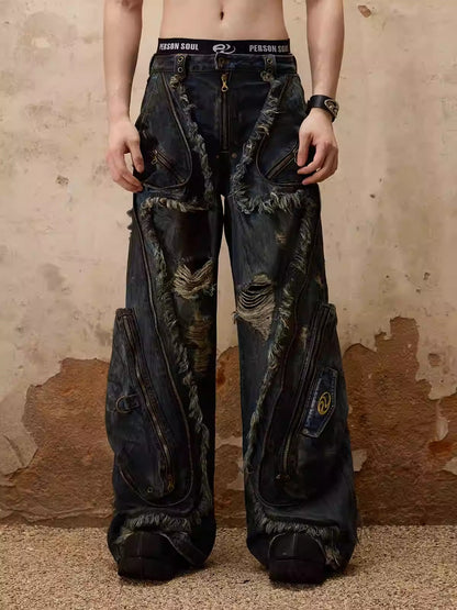 Personsoul Aliens Dirty Ripped Denim Jeans [ID:0365PA]