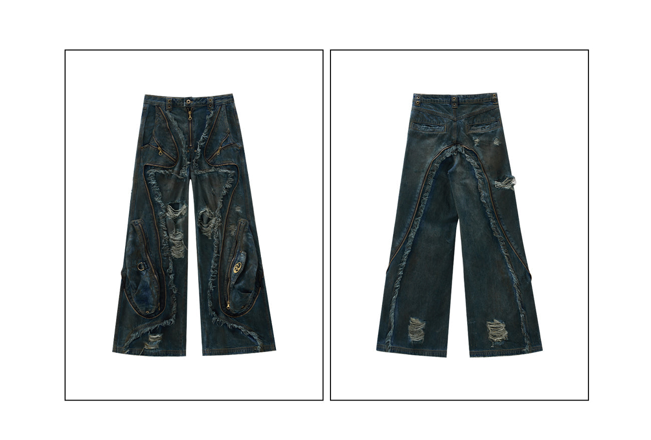 Personsoul Aliens Dirty Ripped Denim Jeans [ID:0365PA]