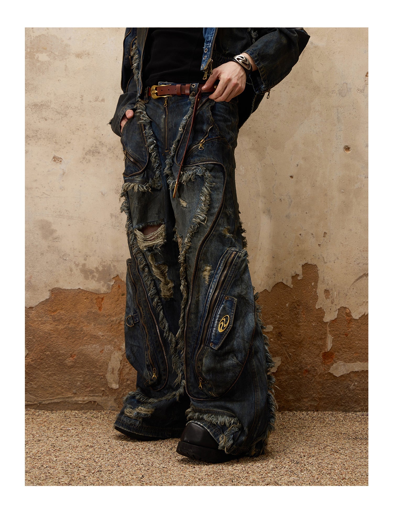 PERSONSOUL Personsoul Aliens Dirty Ripped Denim Jeans ワイドデニム