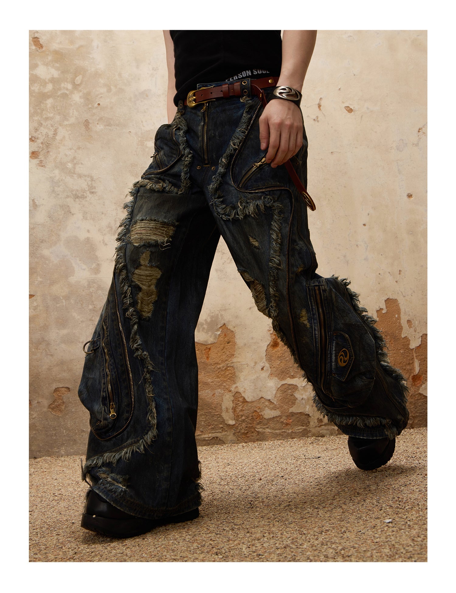 PERSONSOUL Personsoul Aliens Dirty Ripped Denim Jeans ワイド