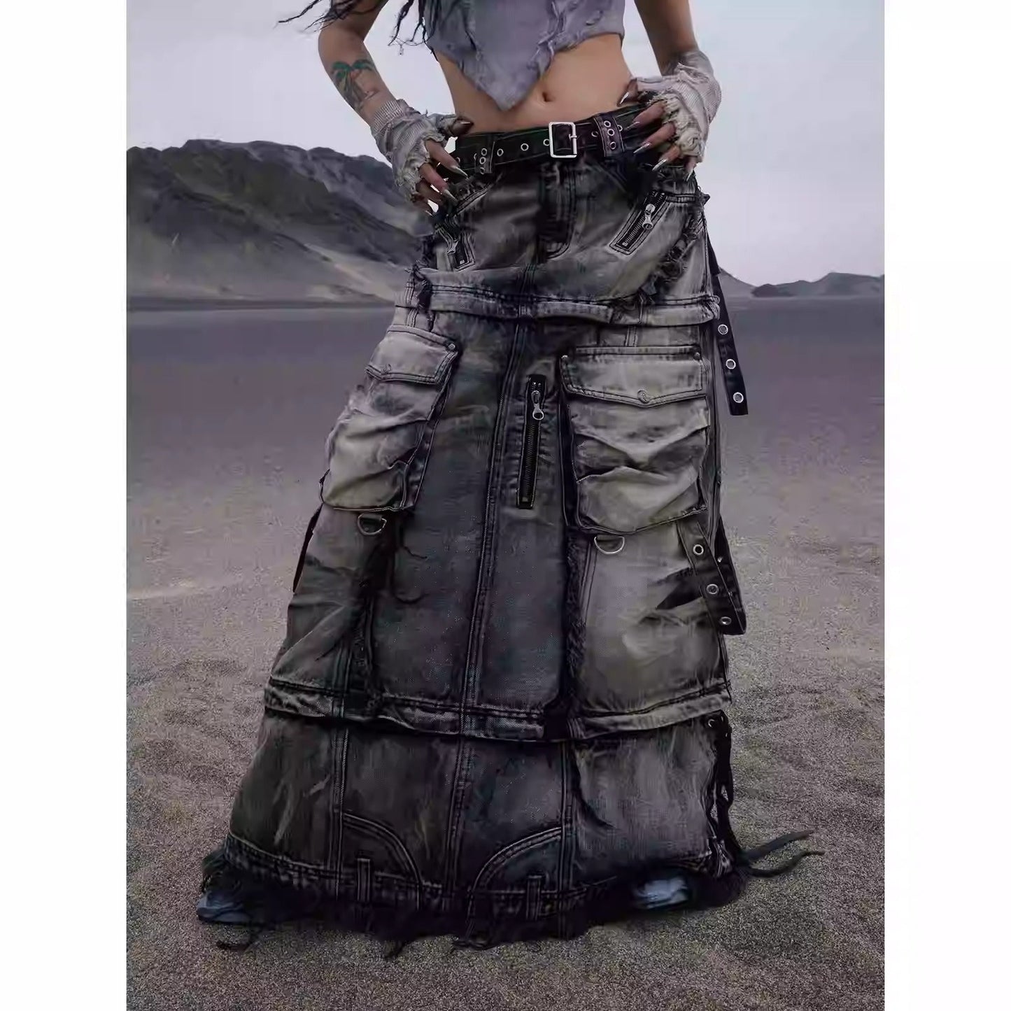 Personsoul Three-Stage Faded Maxi Denim Skirt [ID:0367SK]