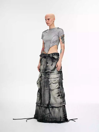 Personsoul Three-Stage Faded Maxi Denim Skirt [ID:0367SK]