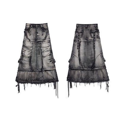 Personsoul Three-Stage Faded Maxi Denim Skirt [ID:0367SK]