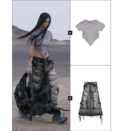 Personsoul Three-Stage Faded Maxi Denim Skirt [ID:0367SK]