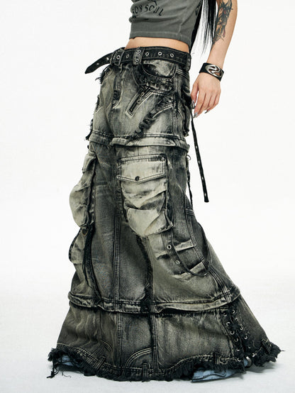 Personsoul Three-Stage Faded Maxi Denim Skirt [ID:0367SK]