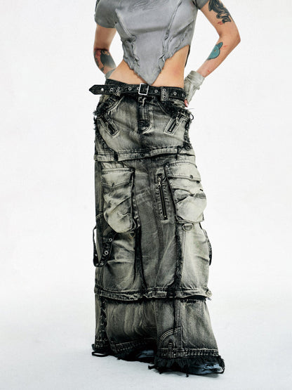 Personsoul Three-Stage Faded Maxi Denim Skirt [ID:0367SK]