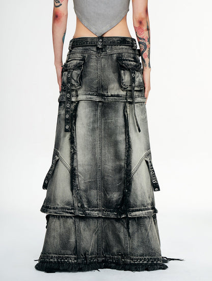 Personsoul Three-Stage Faded Maxi Denim Skirt [ID:0367SK]