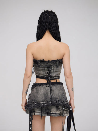 Personsoul Three-Stage Faded Maxi Denim Skirt [ID:0367SK]