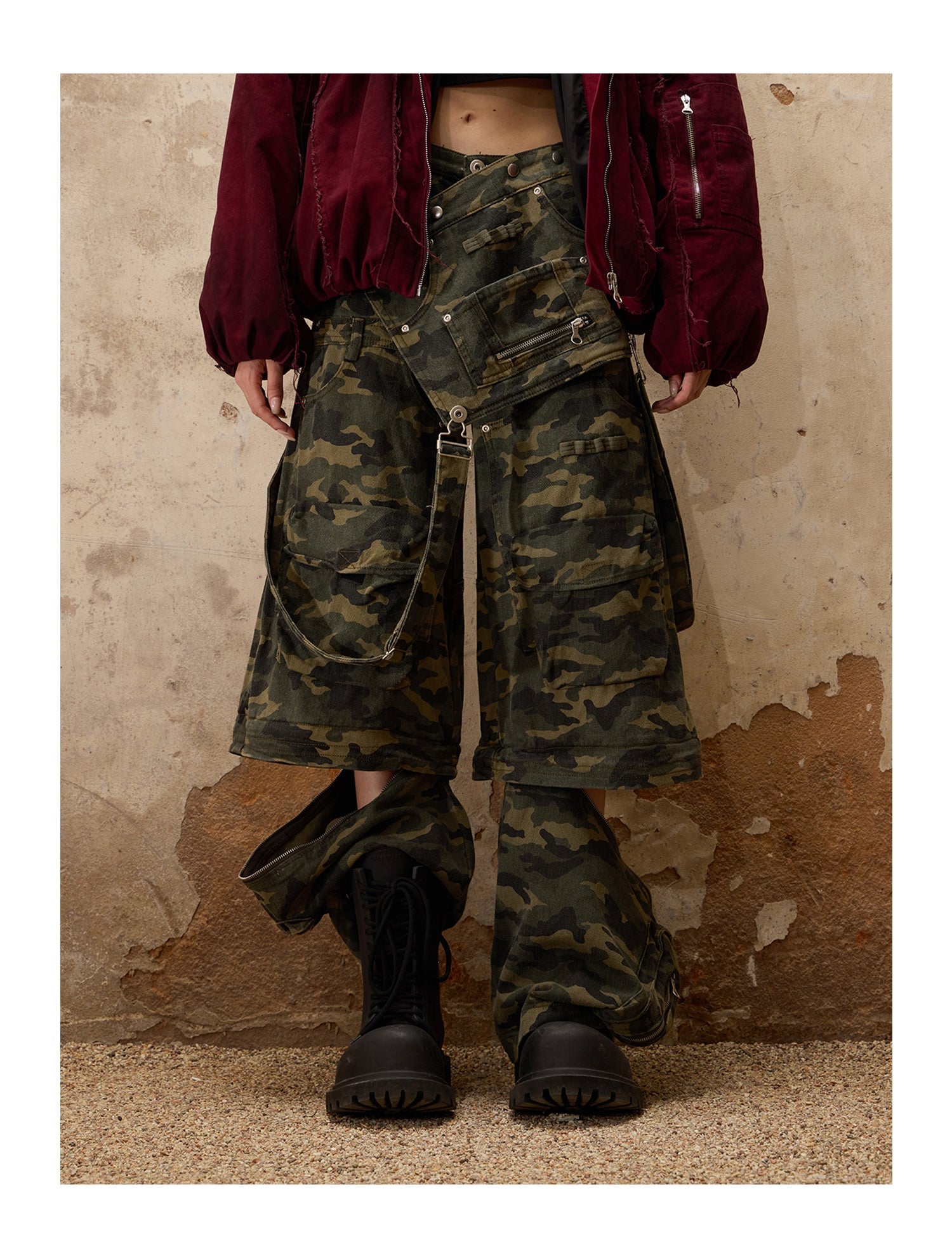 PERSONSOUL Personsoul Camouflage Overalls with Zip-Off Legs ワイド