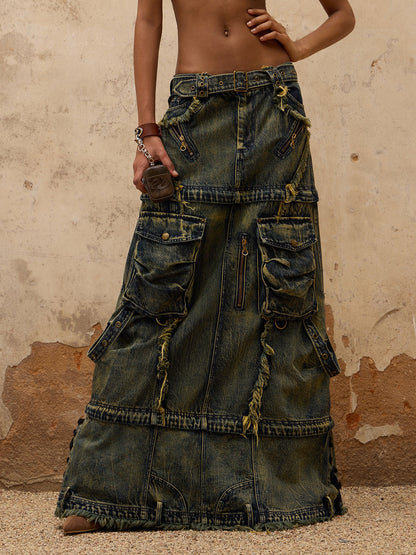 Personsoul Three-Stage Maxi Denim Skirt [ID:0370SK]