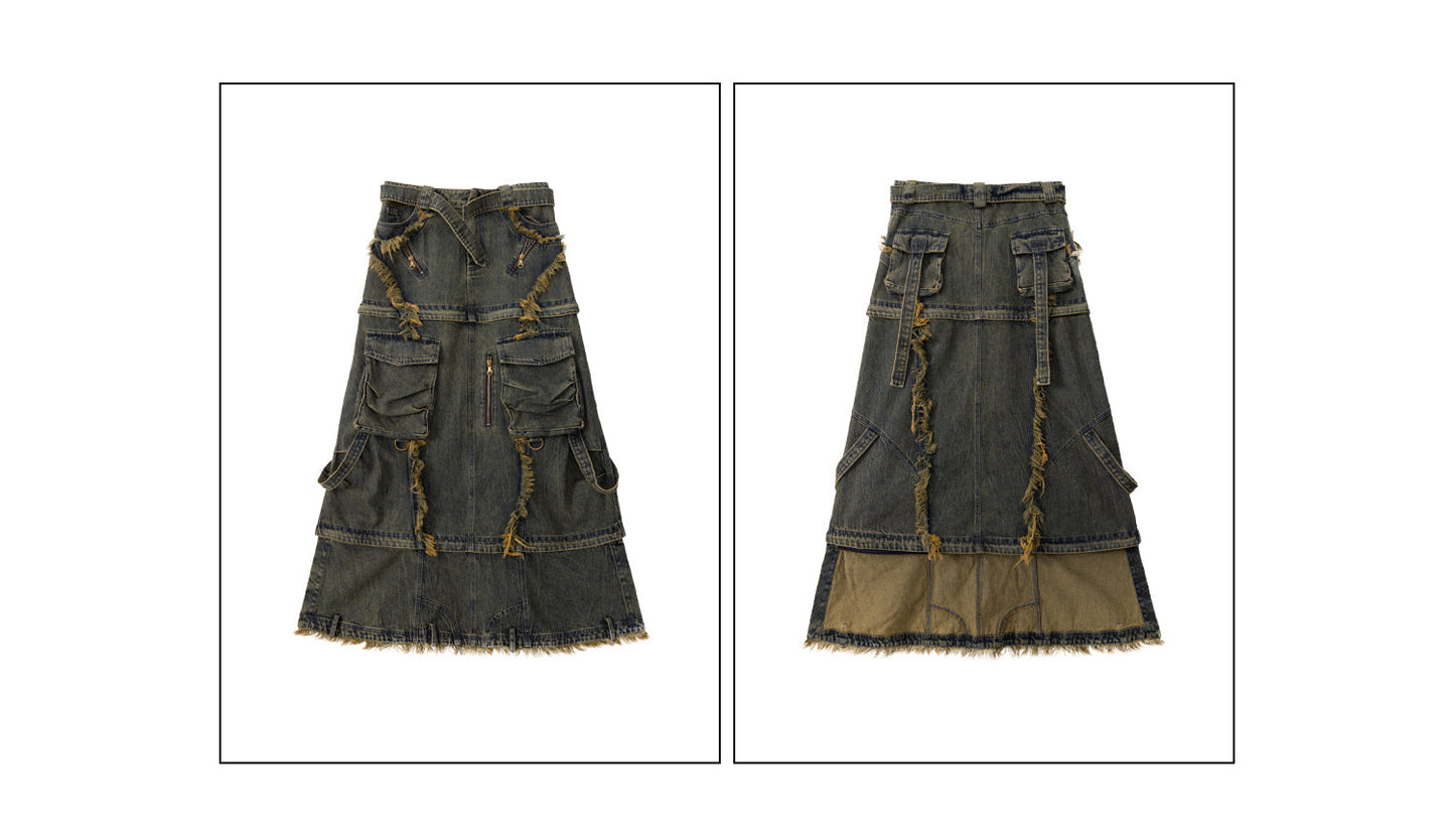 Personsoul Three-Stage Maxi Denim Skirt [ID:0370SK]