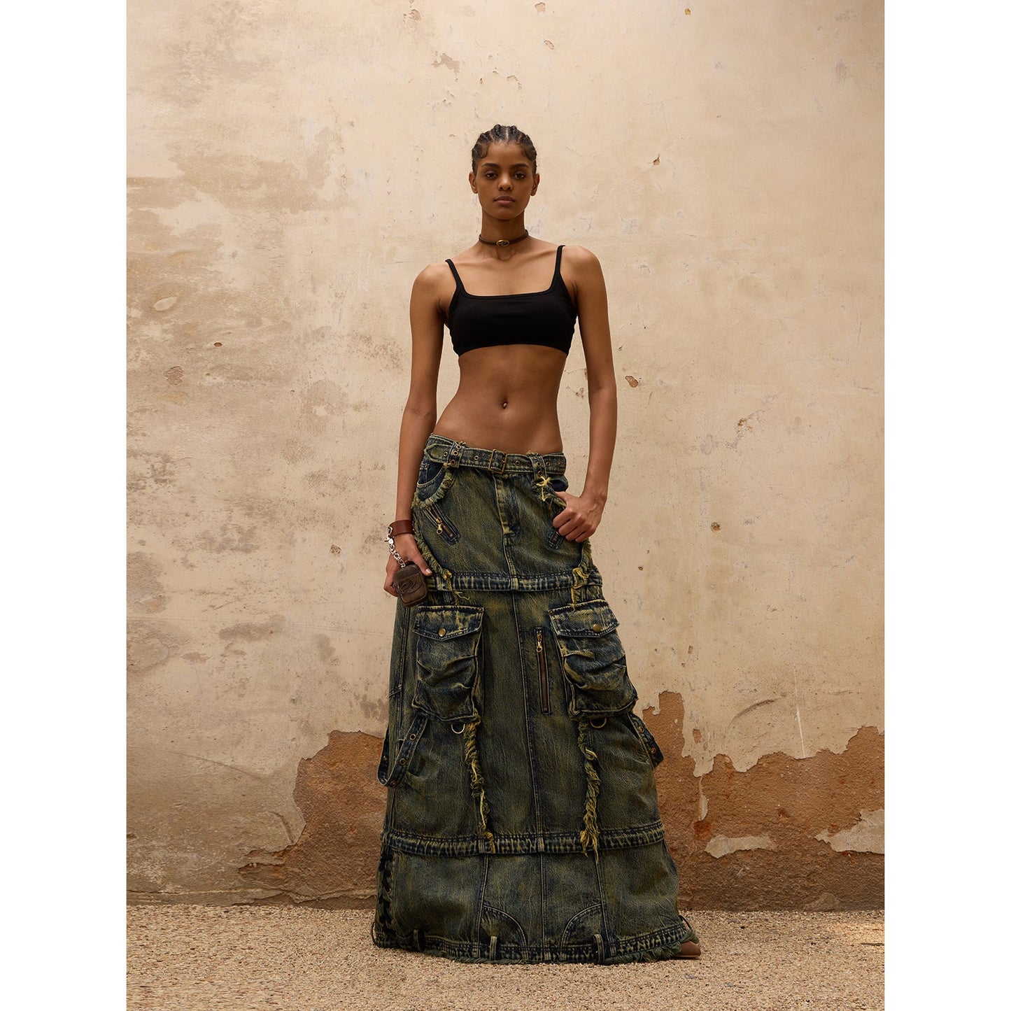 Personsoul Three-Stage Maxi Denim Skirt [ID:0370SK]