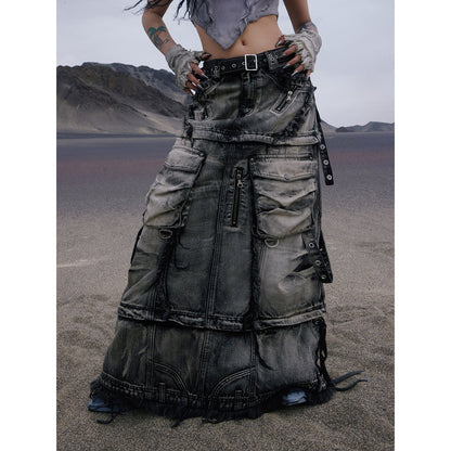 Personsoul Three-Stage Maxi Denim Skirt [ID:0370SK]