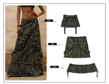 Personsoul Three-Stage Maxi Denim Skirt [ID:0370SK]