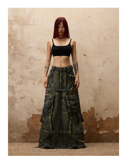 Personsoul Three-Stage Maxi Denim Skirt [ID:0370SK]