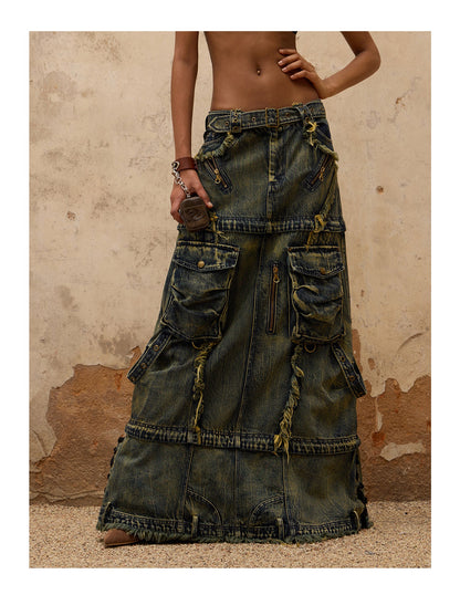 Personsoul Three-Stage Maxi Denim Skirt [ID:0370SK]