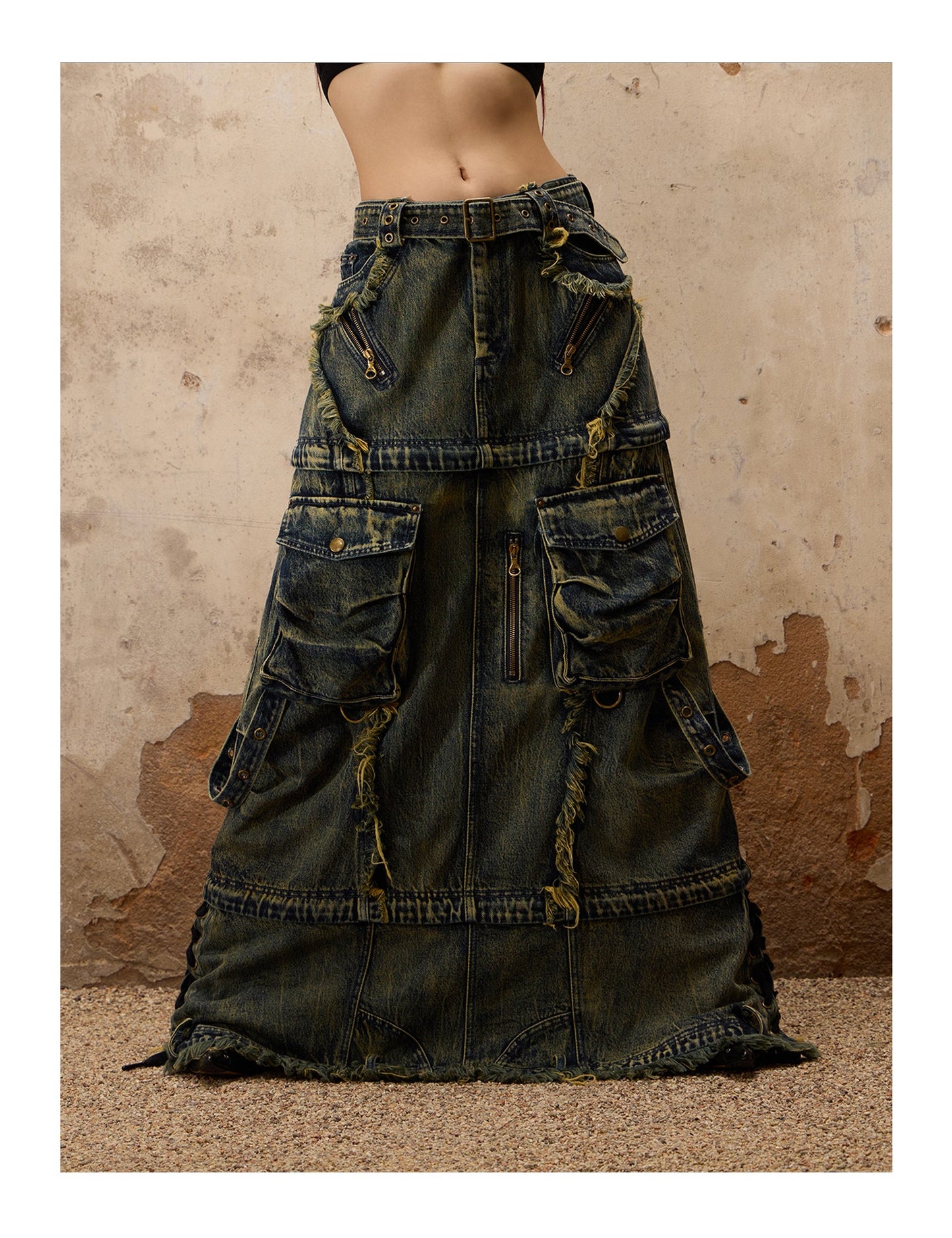 Personsoul Three-Stage Maxi Denim Skirt [ID:0370SK]