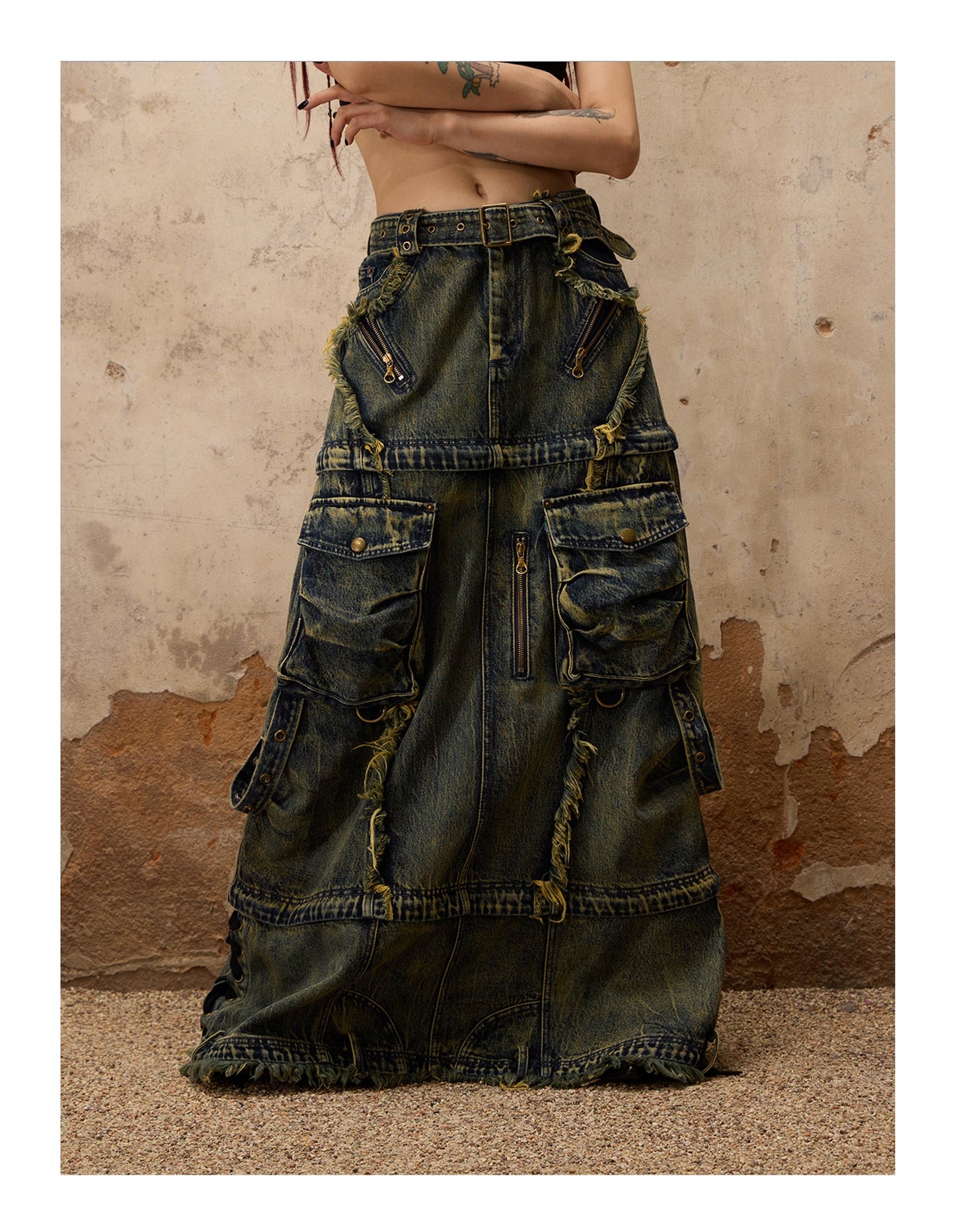 Personsoul Three-Stage Maxi Denim Skirt [ID:0370SK]