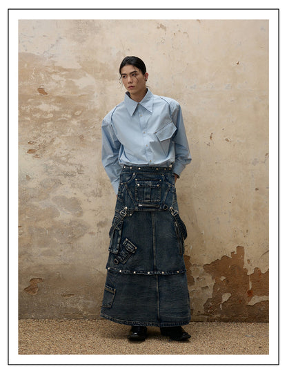 Personsoul Maxi Denim Dungarees Skirt [ID:0371SK]