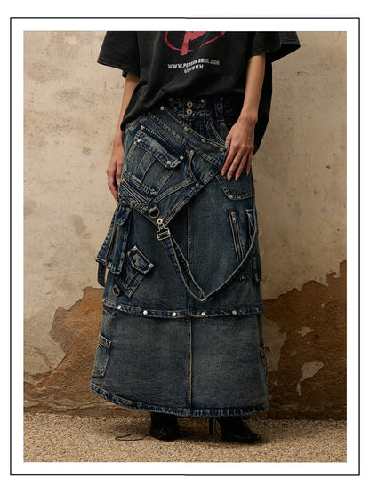 Personsoul Maxi Denim Dungarees Skirt [ID:0371SK]