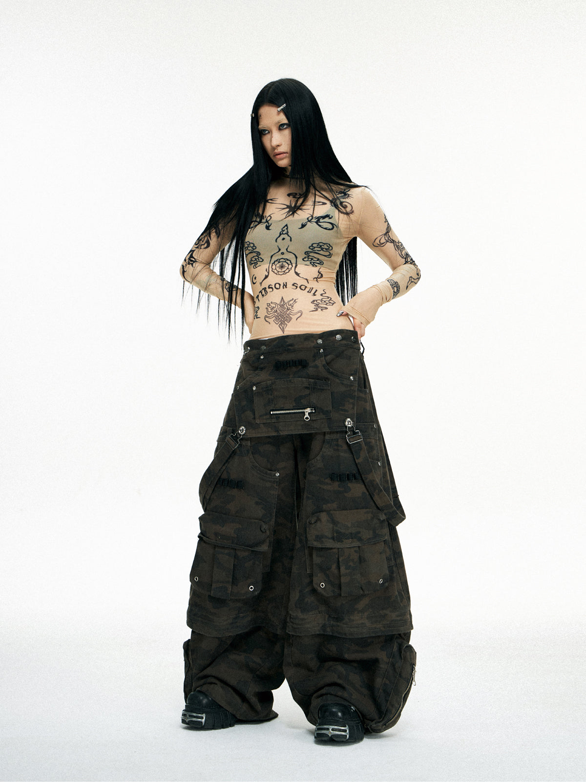 Personsoul Brown Camo Overalls with Zip-Off Legs [ID:0372PA]