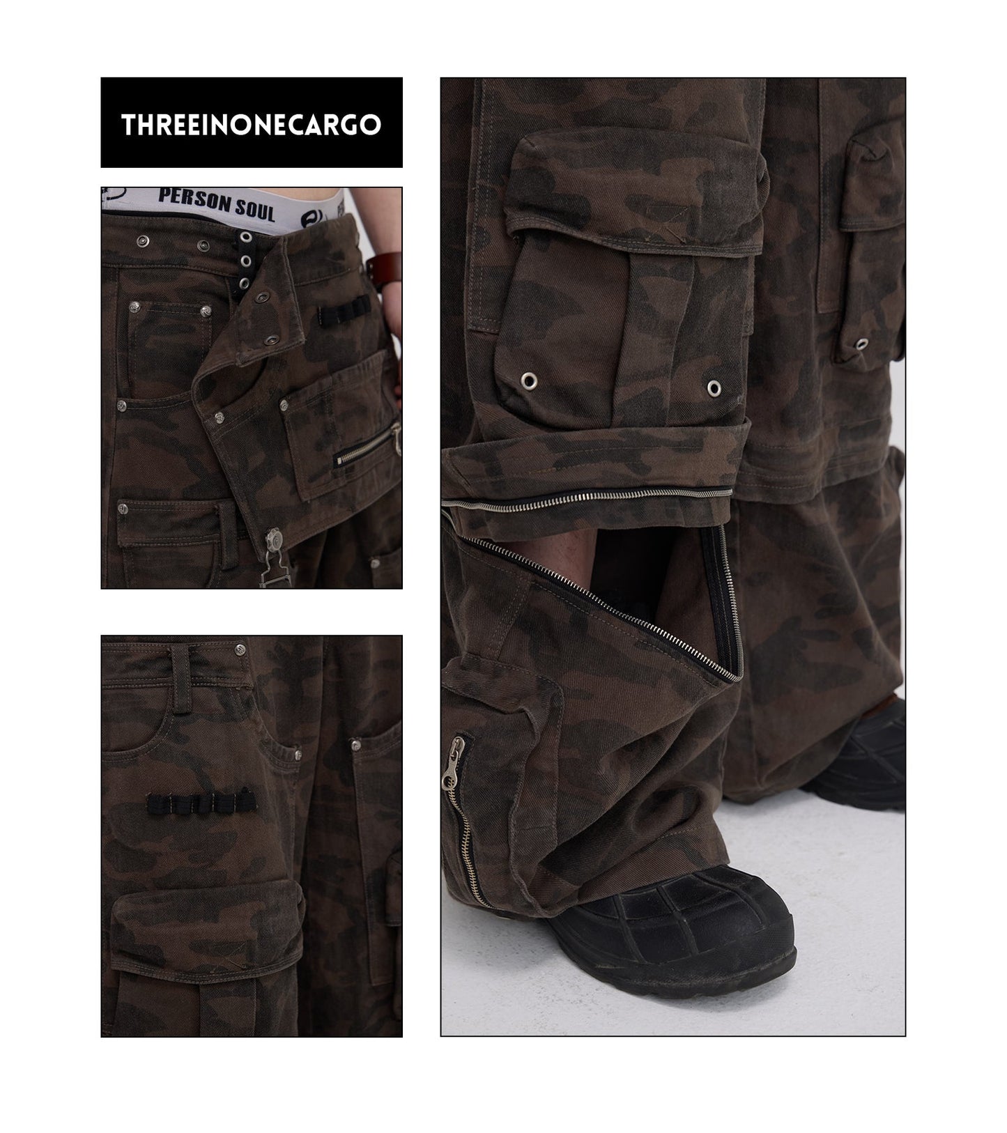 Personsoul Brown Camo Overalls with Zip-Off Legs [ID:0372PA]