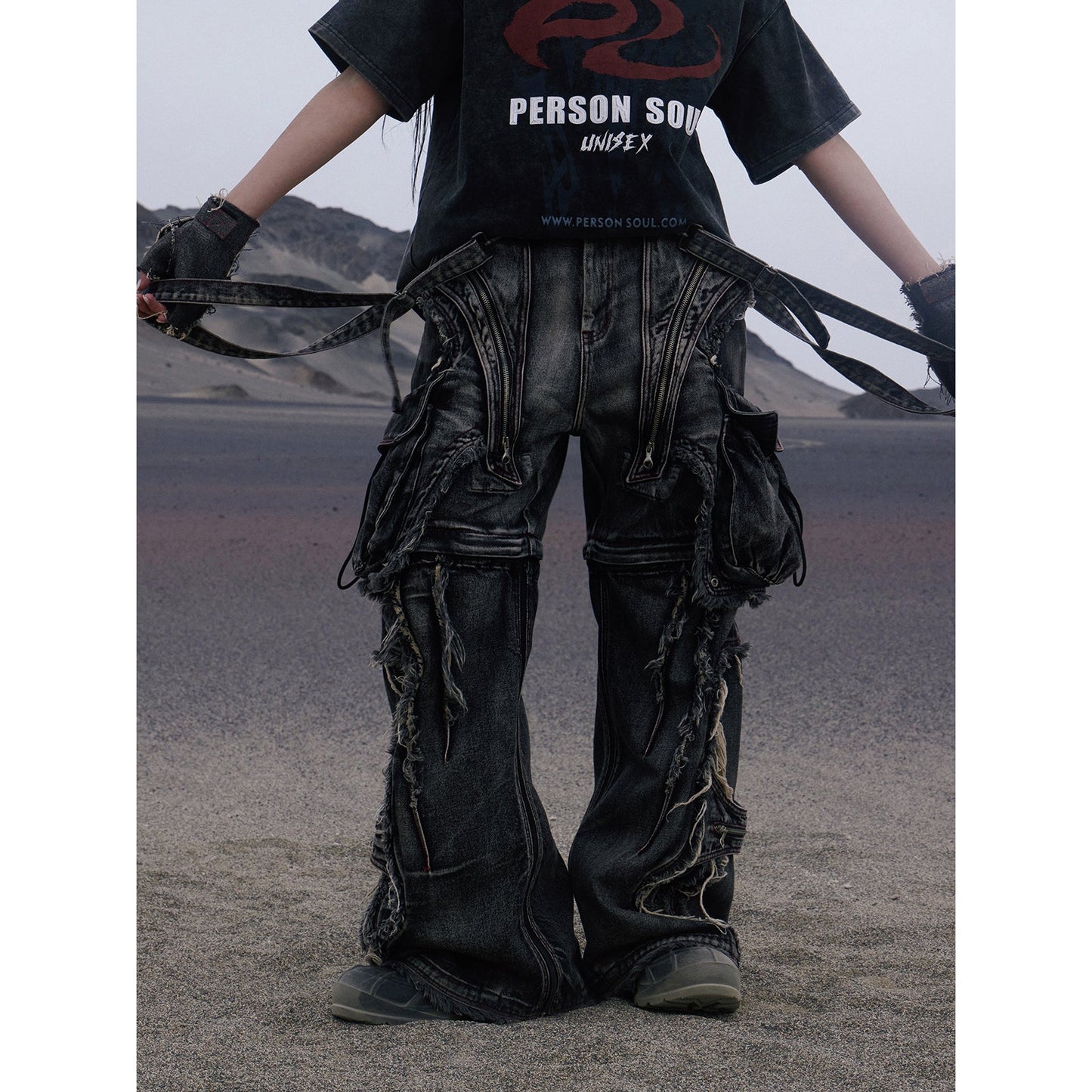 Personsoul Black Detachable Denim Overalls [ID:0374PA]