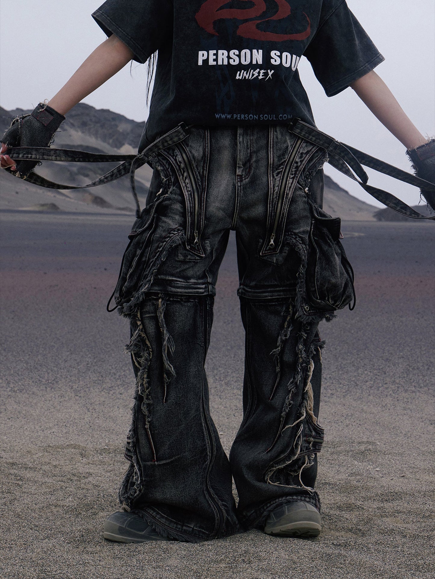 Personsoul Black Detachable Denim Overalls [ID:0374PA]