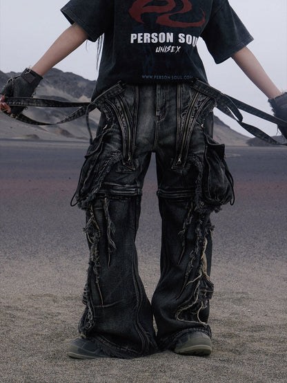 Personsoul Black Detachable Denim Overalls [ID:0374PA]