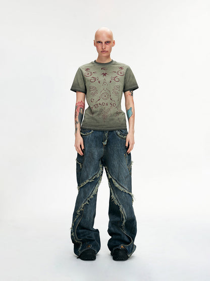 Personsoul Tie-Dye Raw-Edge Baggy Jeans [ID:0377PA]