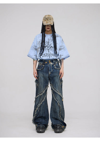 Personsoul Tie-Dye Raw-Edge Baggy Jeans [ID:0377PA]