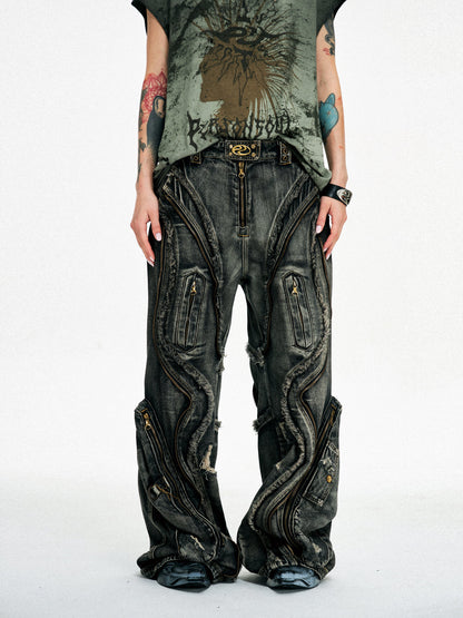 Personsoul Dirty Ripped Denim Baggy Jeans [ID:0378PA]