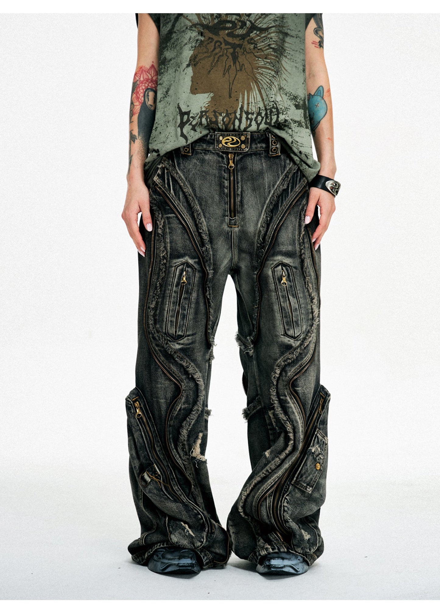 Personsoul Dirty Ripped Denim Baggy Jeans [ID:0378PA]