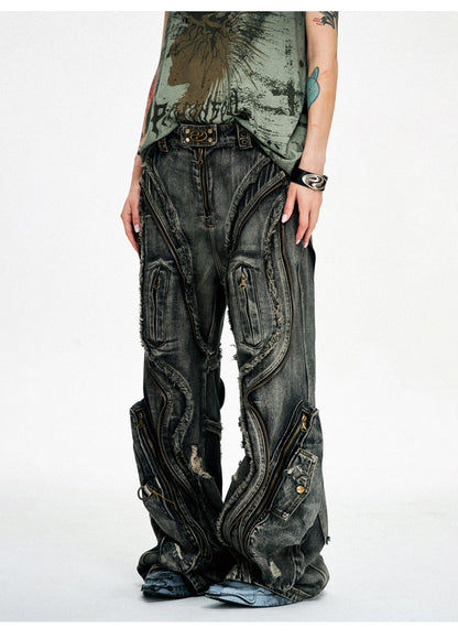 Personsoul Dirty Ripped Denim Baggy Jeans [ID:0378PA]