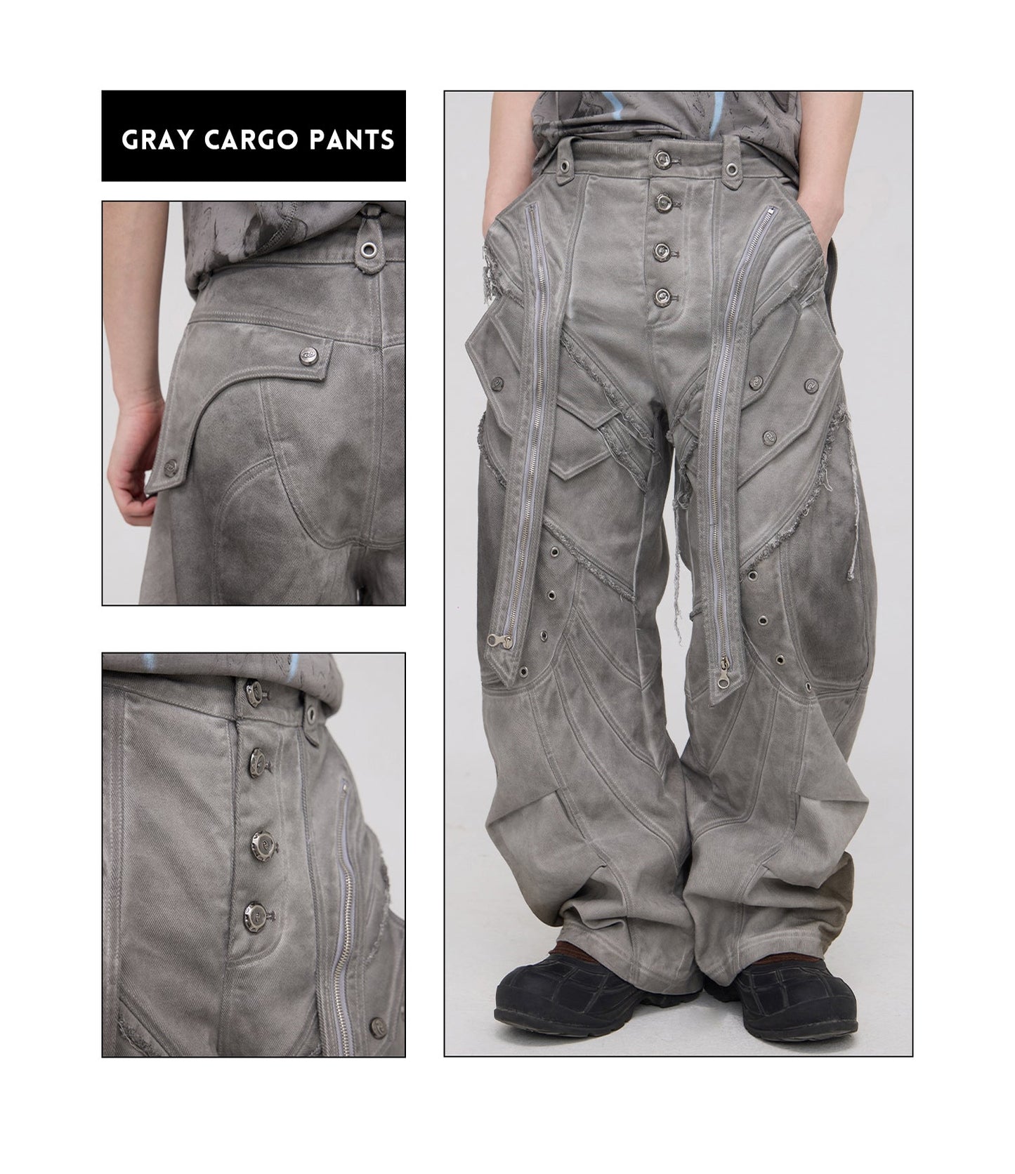 Personsoul Split Deconstructed Gray Cargo Pants [ID:0379PA]