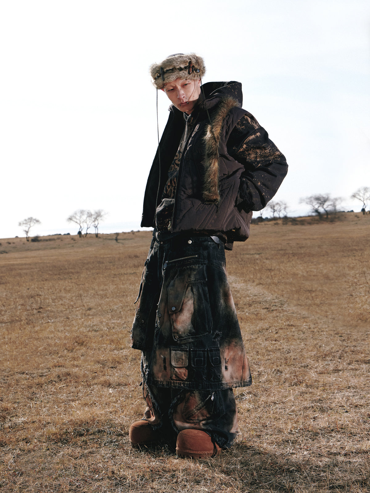 Personsoul Armor Faux Skirt Mud Dye Cargo Pants [ID:0386PA]