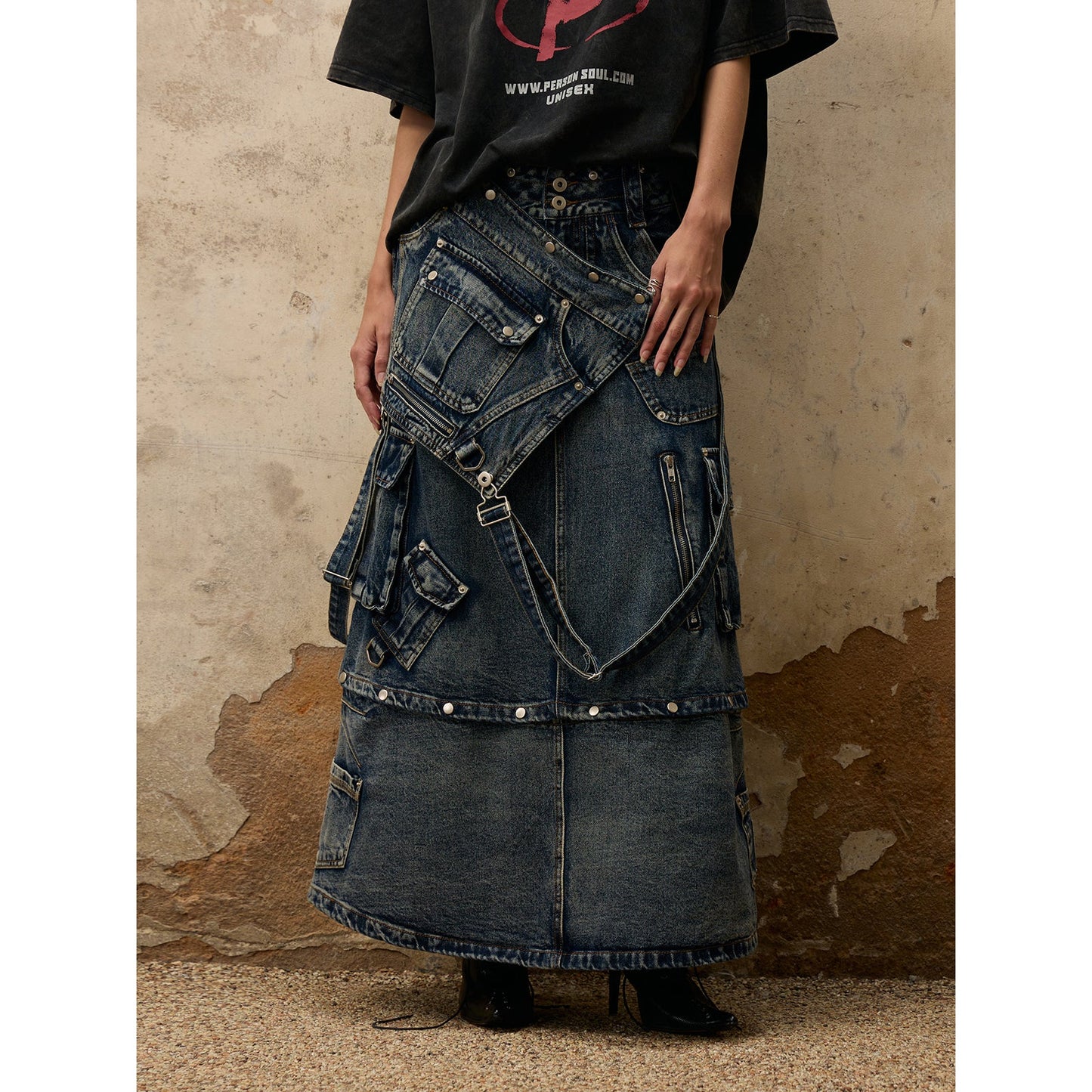 Personsoul Mud Maxi Denim Dungarees Skirt [ID:0388SK]