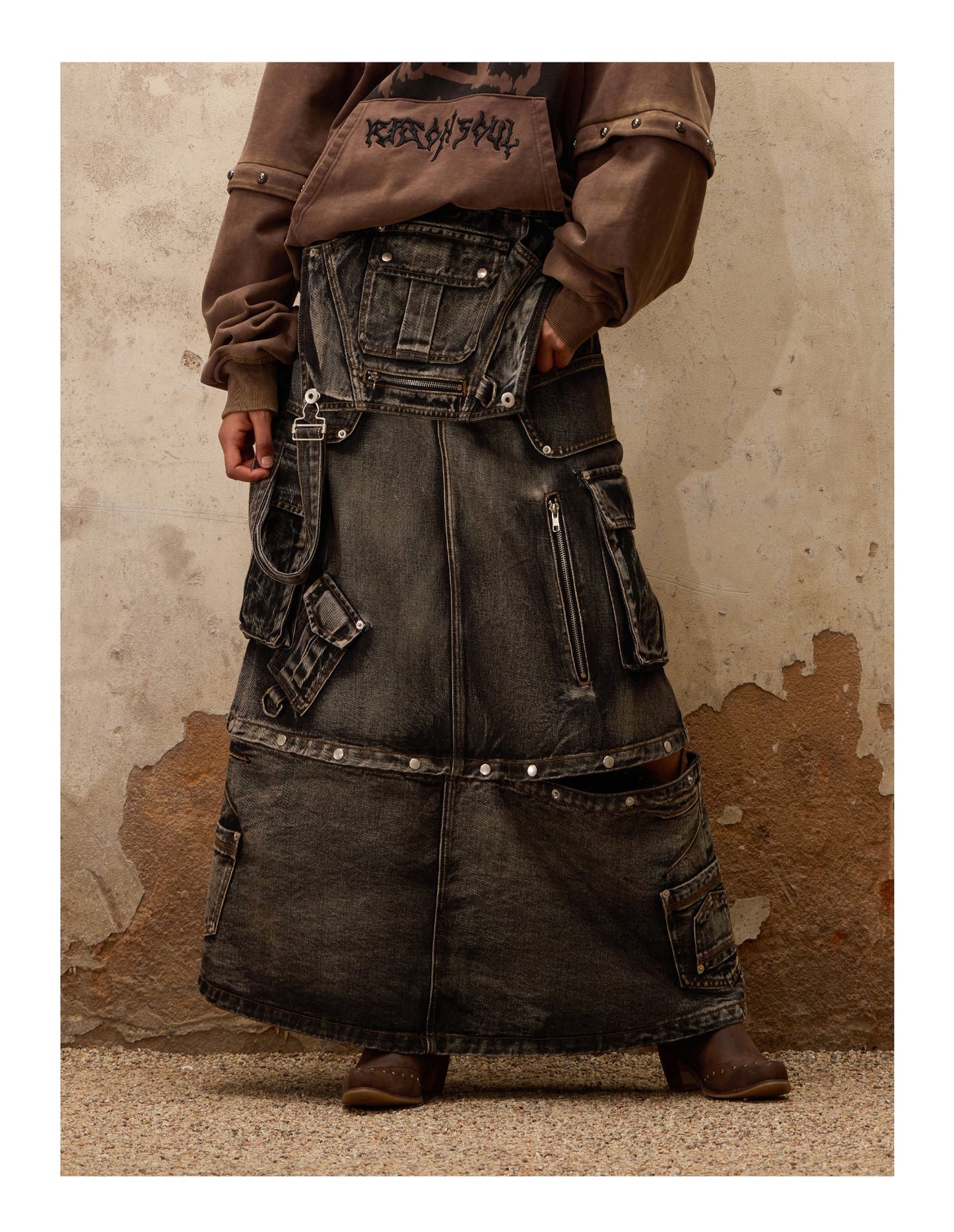 Personsoul Mud Maxi Denim Dungarees Skirt [ID:0388SK]