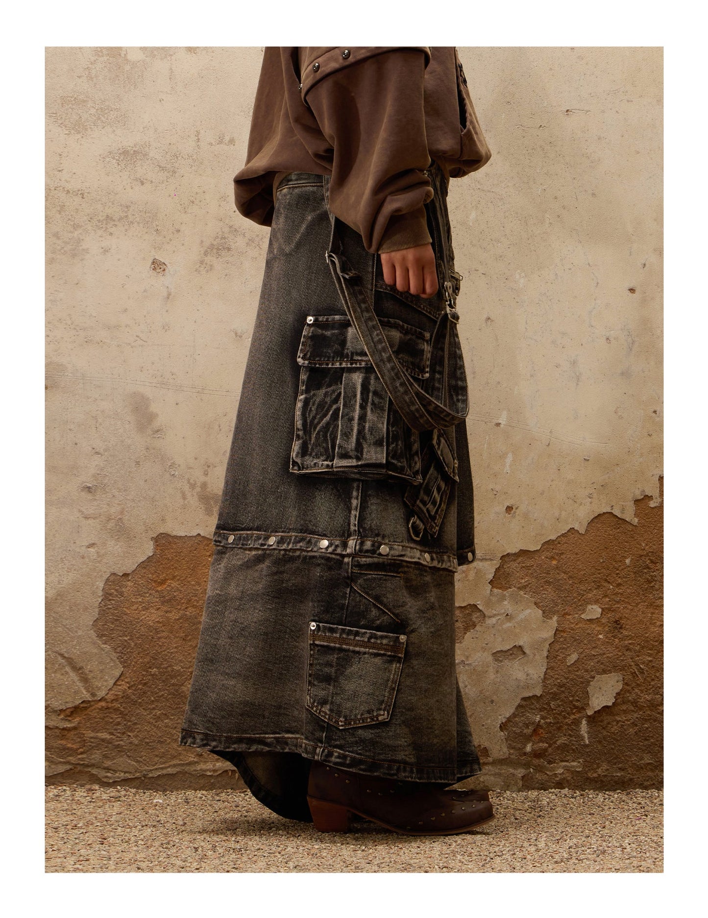 Personsoul Mud Maxi Denim Dungarees Skirt [ID:0388SK]