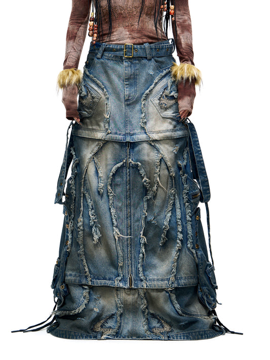 Personsoul Detachable Denim Cargo Skirt [ID:0400SK]